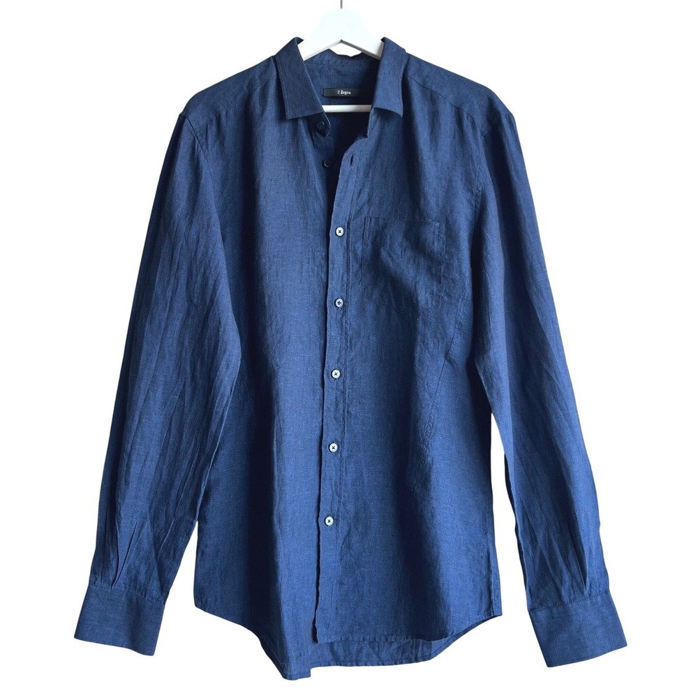 Z Zegna Navy Blue 100% Linen Shirt Drop 8 Fit Slim Long Sleeve Collared Mens 40